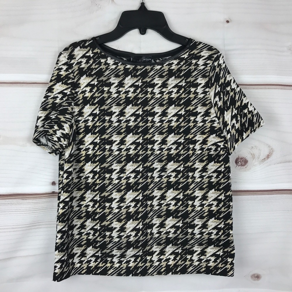 Aqua Top Womens M Metallic Short Sleeve Houndstooth‎ Blouse Crew Neck Stretch